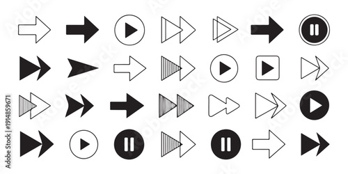 Comprehensive collection of arrows, play, and pause icons in various styles, vector navigation and media set