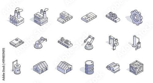 Isometric Industrial Icons Illustrating Factory, Production, Automation, and Manufacturing Elements