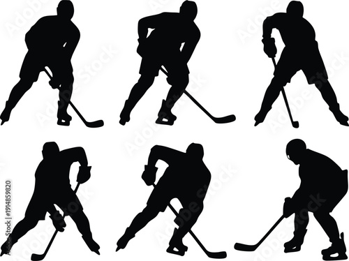 Monochrome Graphic Set: Hockey Athletes in Motion, Action Silhouettes of Ice Hockey Players, vector, illustration, silhouette.