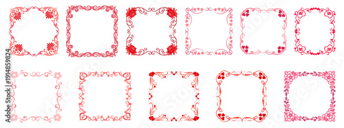 Set of hand drawn doodle crayon square frames with rounded corners, romantic coquette borders for Valentine’s Day cards, wedding invitations and cute girly