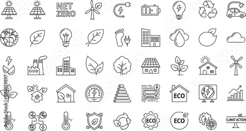 Net Zero web icons in line style. Green energy, CO2 neutral, gas emissions, climate, ecology, collection. Editable stroke. Vector