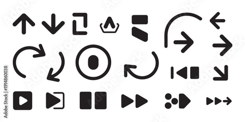 Assortment of arrow and media playback icons including play pause rewind fast forward and rotate
