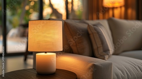 Cozy indoor living space with a lit table lamp, sofa, and warm evening light outdoors