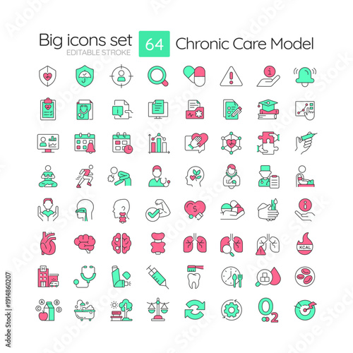 Chronic care model line color icons set. Medical service, condition treatment. Health safety. Clinical personnel. Vector illustrations. Simple flat colorful symbols collection. Editable stroke