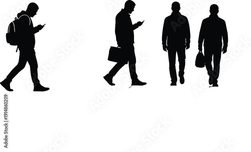 onjunto de siluetas vectoriales de hombres caminando usando teléfonos inteligentes y llevando bolsos