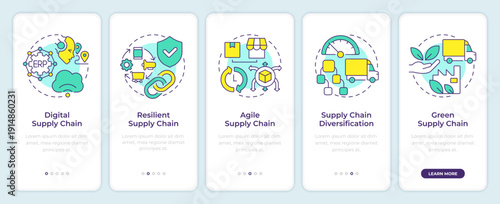 Supply chain strategies onboarding mobile app screen. Logistics planning. Walkthrough 5 steps editable graphic instructions with linear concepts. UI, UX, GUI. Montserrat SemiBold, Regular fonts used