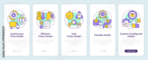 Models of supply chain management onboarding mobile app screen. Walkthrough 5 steps editable graphic instructions with linear concepts. UI, UX, GUI. Montserrat SemiBold, Regular fonts used
