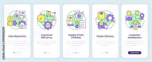 Benefits of scm onboarding mobile app screen. Efficiency increase. Walkthrough 5 steps editable graphic instructions with linear concepts. UI, UX, GUI. Montserrat SemiBold, Regular fonts used