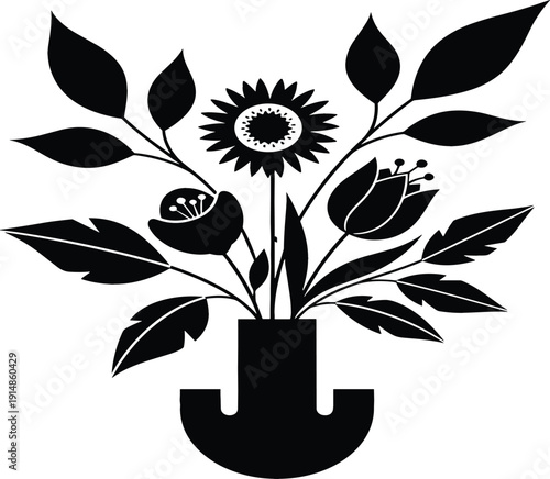 Minimal floral silhouette vector illustration with abstract flowers and leaves in vase shape, modern botanical design for logos, wall art, branding, and decorative prints