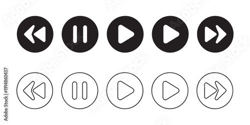 Circle multimedia player buttons with solid and outline designs for web interface and mobile applications
