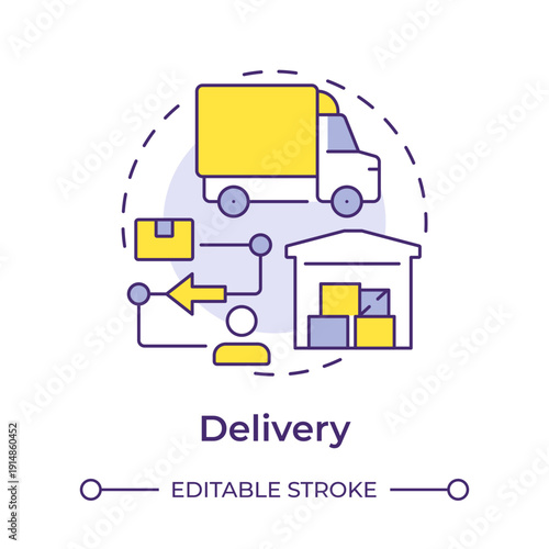 Delivery multi color concept icon. Shipping transportation, customer service. Inventory management. Round shape line illustration. Abstract idea. Graphic design. Easy to use in presentation, article