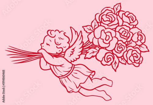 Schilderij op canvas Hand Drawn Flying Cupid Carrying Big Bouquet of Red Roses for Valentine’s Day, R