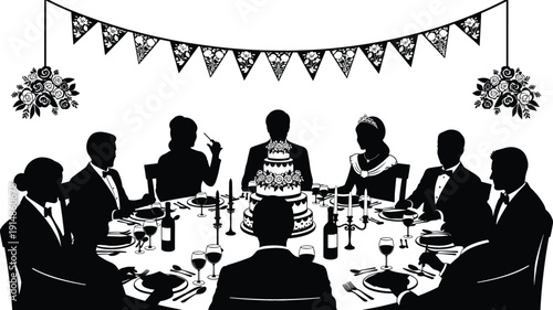 Elegant birthday celebration dinner silhouette vector with people gathered around table and cake, festive party scene for events, invitations, posters, and decorative designs
