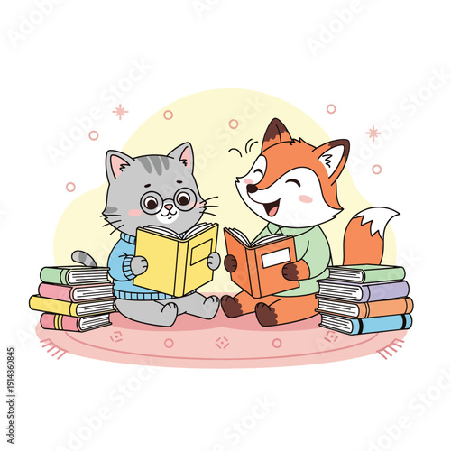 Cat and Fox Reading Together