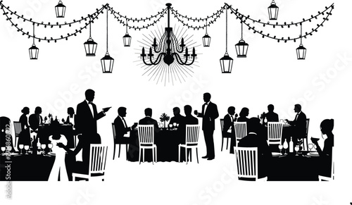 Elegant evening party silhouette vector with people dining under chandeliers and string lights, formal gala celebration scene for events, weddings, banquets, and luxury designs