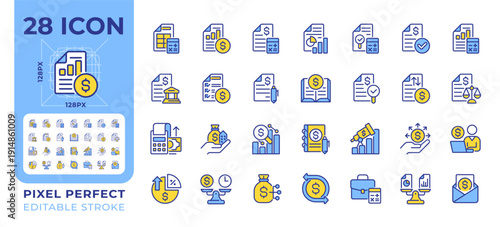 Financial reporting pixel perfect line color icons set. Documenting, summarizing and communicating company activities. Vector illustrations. Simple flat colorful symbols collection. Editable stroke