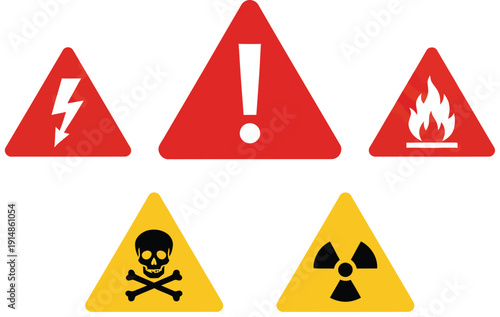 Warning sign set with hazard symbols. Danger icon collection with exclamation mark. Flammable fire risk logo. Caution alert traffic signs. Safety vector illustration isolated. 