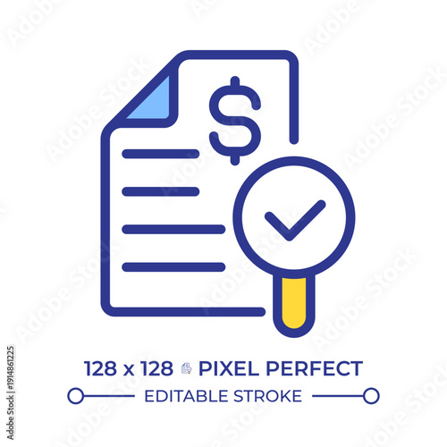 Financial audit pixel perfect line color icon. Evaluation of organization statements and records. Commercial activity. Isolated vector illustration. Flat colorful symbol design. Editable stroke