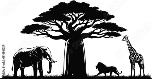 African safari wildlife silhouette vector illustration with baobab tree elephant lion and giraffe, dramatic nature scene for posters, logos, wall art, and decor
