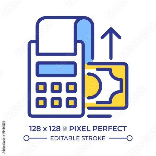 Accounts payable pixel perfect line color icon. Money owed by company to creditors. Goods and services on credit. Isolated vector illustration. Flat colorful symbol design. Editable stroke