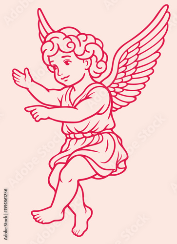 Hand Drawn Cupid Pointing Forward for Valentine’s Day, Young Love Angel Guiding Destiny and First Kiss, Divine Cherub Showing Romantic Direction
