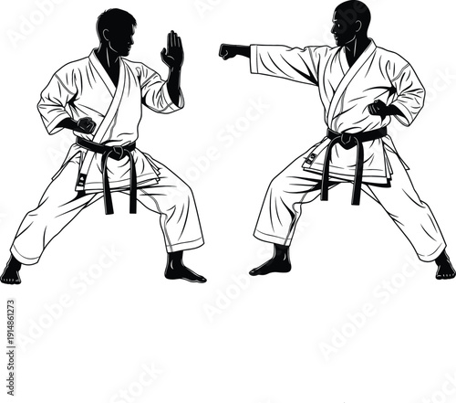 Karate martial arts fighters silhouette vector illustration with dynamic combat poses, traditional dojo training scene for sports designs, posters, logos, and fitness projects