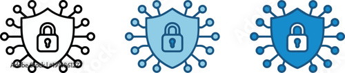 Cybersecurity shield icons with padlock in three color styles