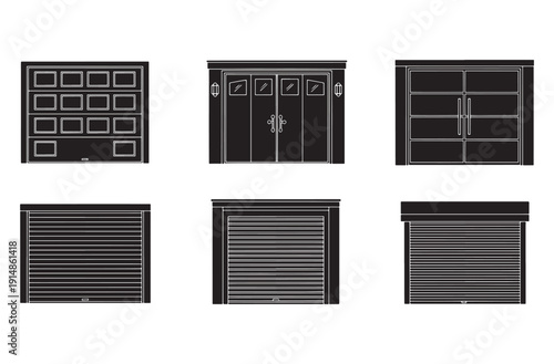 Garage door icon set with various roll up and sectional automatic entrance styles for residential house and commercial building architecture exterior design renovation projects work