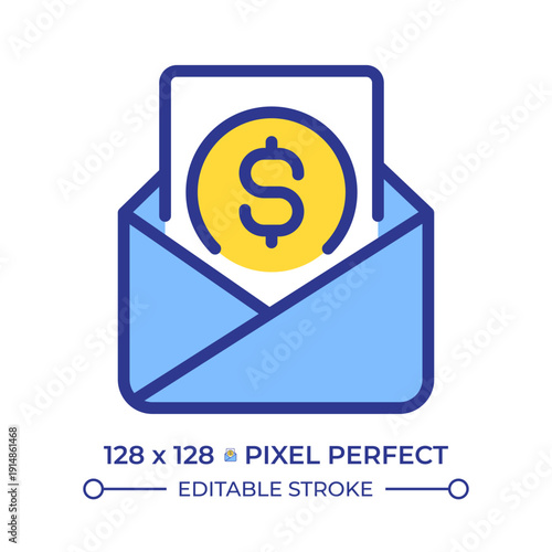 Payslip pixel perfect line color icon. Envelope with dollar. Official record of payment. Employers document on payday. Isolated vector illustration. Flat colorful symbol design. Editable stroke