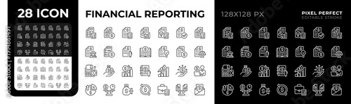 Financial reporting pixel perfect black and white line icons set. Documenting, summarizing and communicating company activities. Outline iconset. Isolated monochrome illustrations. Editable stroke