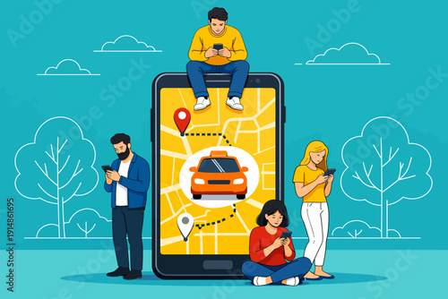 Mobile Taxi Booking App Illustration. Group of Users Interact with Ride-Sharing Service on Smartphone Map and GPS Navigation.