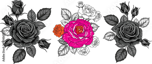 Vintage rose flower vector set with detailed engraved floral illustrations, elegant botanical line art design for wedding decor, invitations, branding, and classic prints