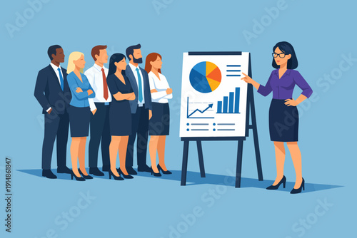 Diverse Business Team Presentation: Female Leader Analyzing Data, Charts, and Financial Growth Strategy for Corporate Success.