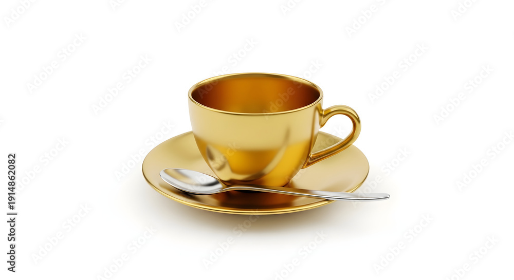 Obraz premium Elegant Gold Tea Cup with Matching Saucer and Spoon