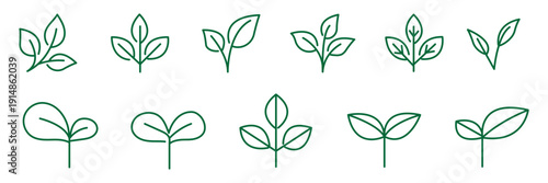 Plants set of web icons in line style. Modern vector illustrations of leaf, sprout, ecology, organic growth, gardening, seedling, nature care, eco badge, flower pot and more.