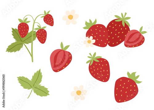 Set of strawberries isolated on white background. Vector flat cliparts.