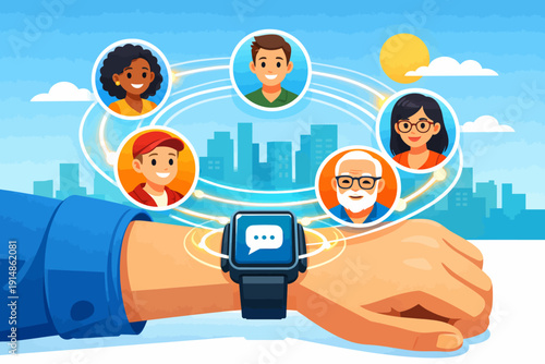 Smartwatch Global Network Connection. Wearable Technology for Social Communication, Community, and Digital Interaction Illustration.