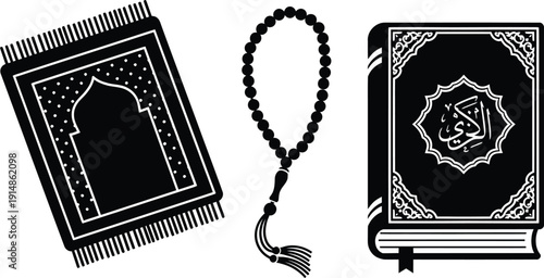 Islamic Prayer Essentials Icon Set Vector Illustration. Black and white symbols of Quran, prayer beads, and rug for Muslim worship.