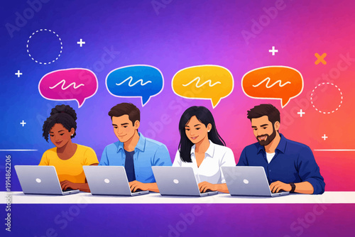 Diverse Team Online Chatting or Typing on Laptops. Group Discussion with Colorful Speech Bubbles. Digital Communication, Customer Support, and Social Media Concept.
