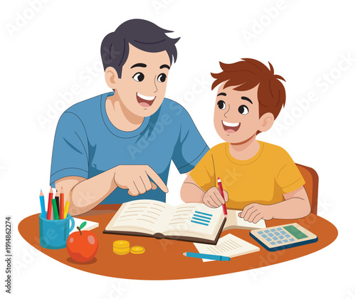 Happy Father Teaching Child at Home – Education and Parenting Flat Vector Illustration. Father Helping Son Study at Home Flat Vector Illustration.