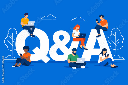 Q&A Community Concept: People Working and Interacting on Large Question and Answer Letters. FAQ, Customer Support, and Online Help Flat Vector Illustration.