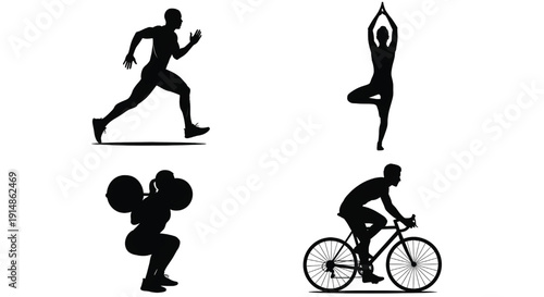 Four silhouettes depict athletic activities against a white background. 