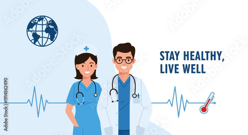 Doctor and Nurse with Globe and Heartbeat - Healthcare Concept