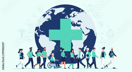 Global Health Care and Community Support - Diverse People & World Emblem