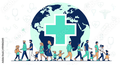 Global Health Care Concept: Earth, People Walking, Medical Cross