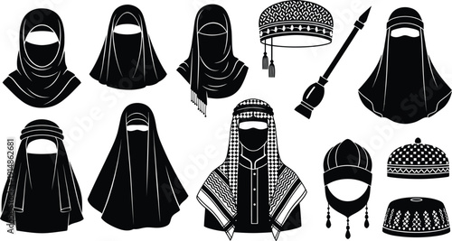 Islamic Traditional Clothing and Head Coverings Vector Illustration Set. Cultural and Religious Attire Icons.