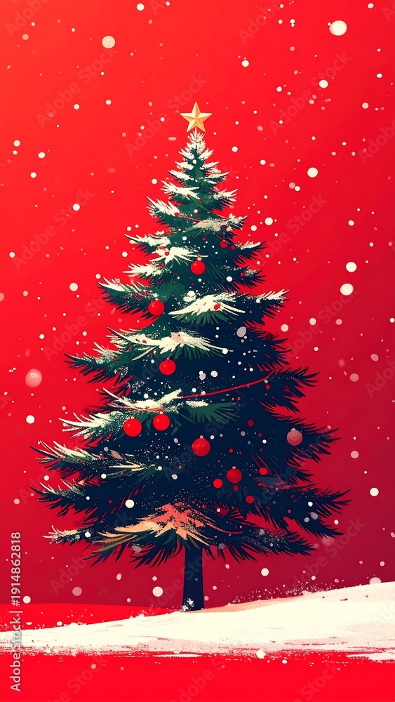 Obraz premium Snowy Christmas tree on a red backdrop with floating snowflakes and a golden star topper