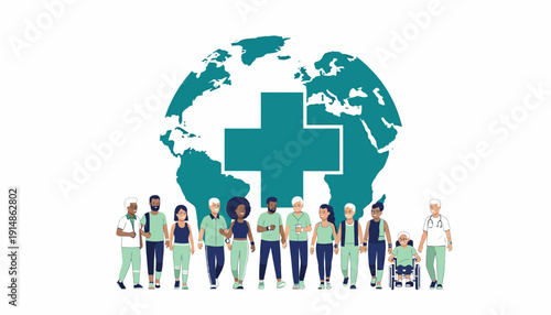 Global Healthcare Community: Diverse People, World Map, Medical Cross
