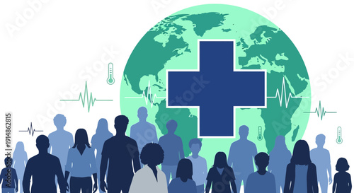 Global Healthcare Concept: Diverse People, Earth, Medical Cross, ECG