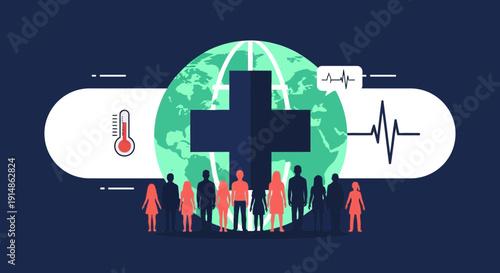 Global Healthcare Concept: Diverse People, World, Medical Cross, ECG, Thermometer